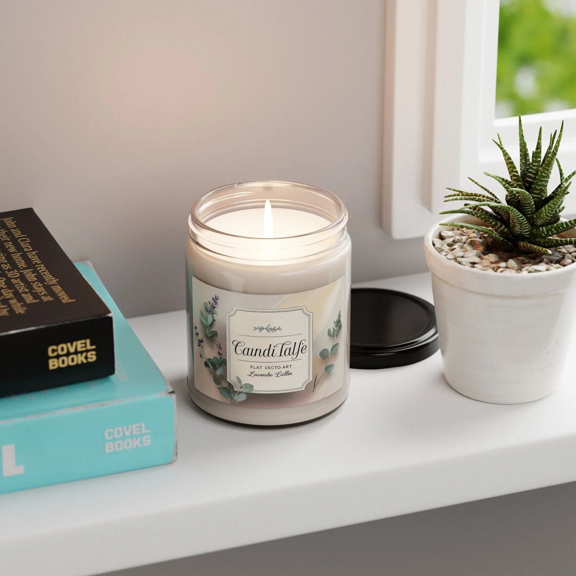 burning candle on office shelf between cactus and book