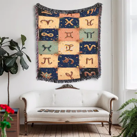 Zodiac Symbol Woven Blanket – 100% Cotton, Celestial Design, Cozy Printify